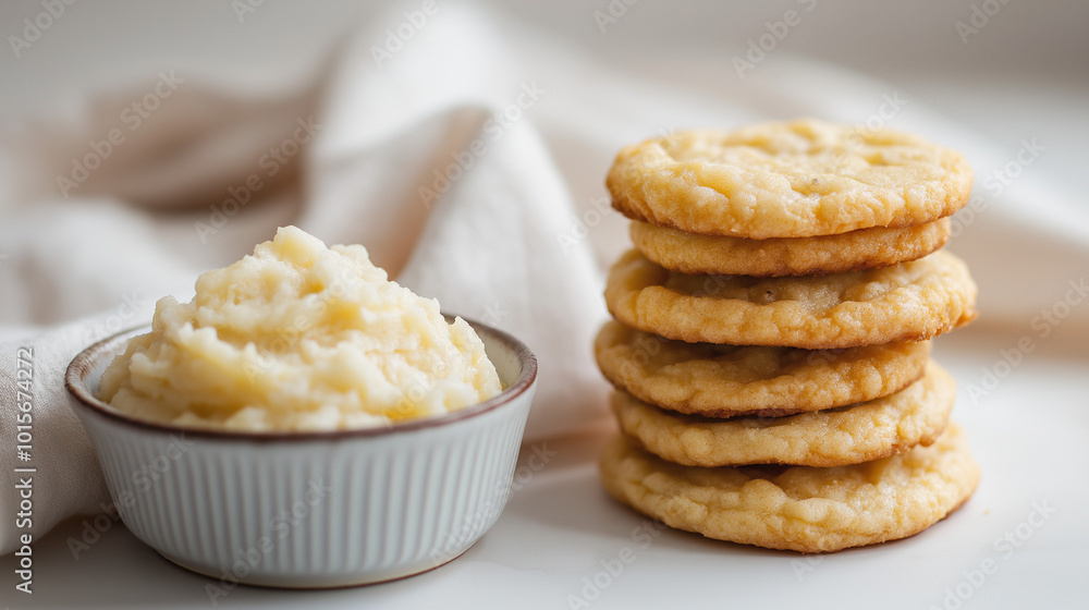 potato mash as a butter alternative: a clean, minimalist photograph of a stack of rustic cookies displayed from the front, accompanied by a small bowl of potato mash placed next to the cookies potato mash as a butter alternative: a clean, minimalist photograph of a stack of rustic cookies displayed from the front, accompanied by a small bowl of potato mash placed next to the cookies