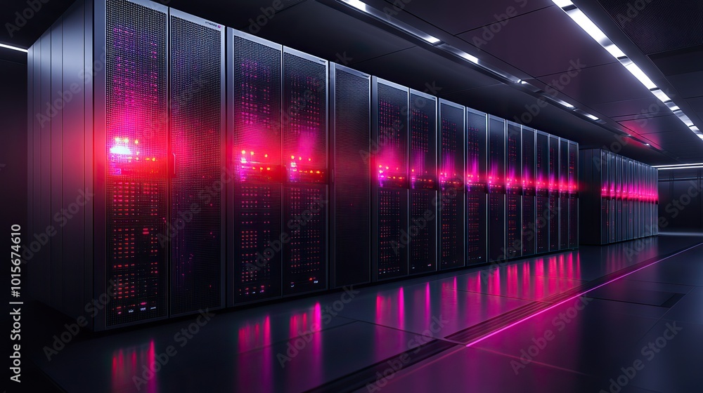 A visualization of network and internet communication in a data center, with server racks and telecommunication equipment, emphasizing data management. A visualization of network and internet communication in a data center, with server racks and telecommunication equipment, emphasizing data management.