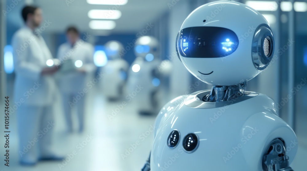 close-up of a smiling robot with glowing blue lights in a futuristic laboratory environment, showcasing advancements in AI and robotics technology for healthcare or industrial use. close-up of a smiling robot with glowing blue lights in a futuristic laboratory environment, showcasing advancements in AI and robotics technology for healthcare or industrial use.