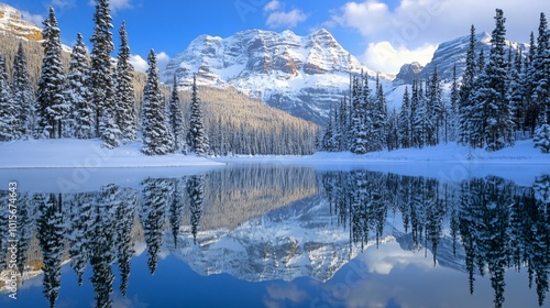 A snow-capped mountain reflected in a tranquil lake, with a blue sky and wispy clouds overhead.