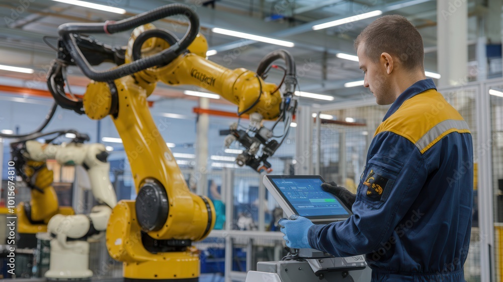 Worker operating a robotic arm in a modern industrial setting