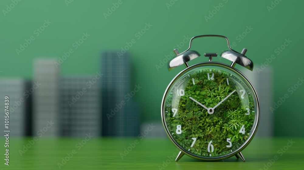 Clock with green moss, eco-friendly concept, nature meets time, vibrant background. Clock with green moss, eco-friendly concept, nature meets time, vibrant background.