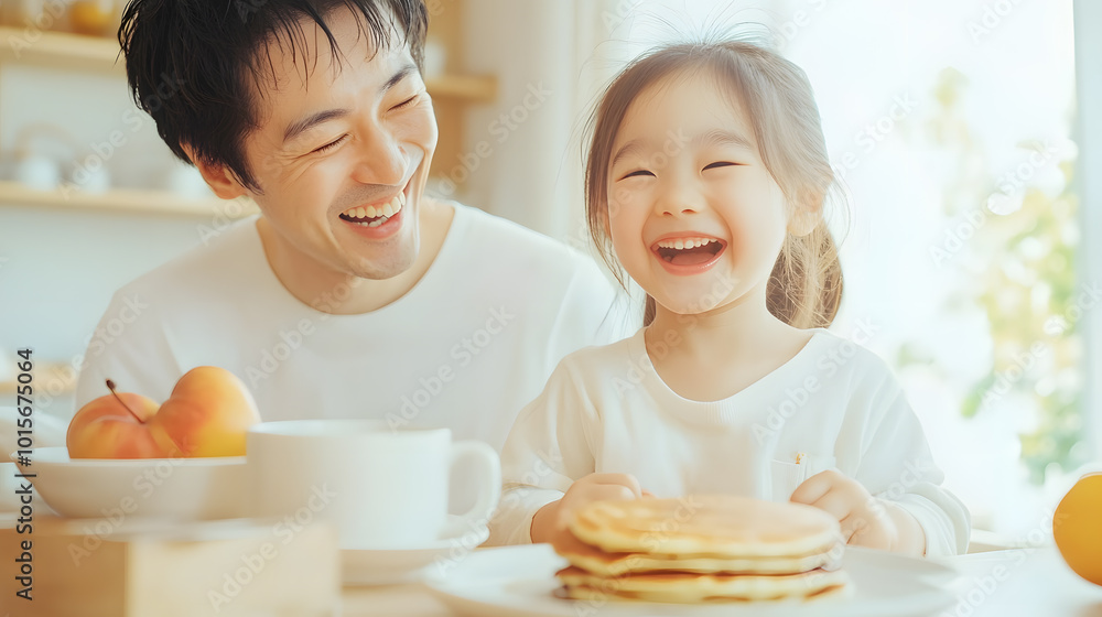 Asian family kitchen bathed in sunlight, cheerful Sunday moments are captured with pancakes, fresh fruit, and coffee. Laughter and love fill the room as the family enjoys a cozy breakfast together. Asian family kitchen bathed in sunlight, cheerful Sunday moments are captured with pancakes, fresh fruit, and coffee. Laughter and love fill the room as the family enjoys a cozy breakfast together.