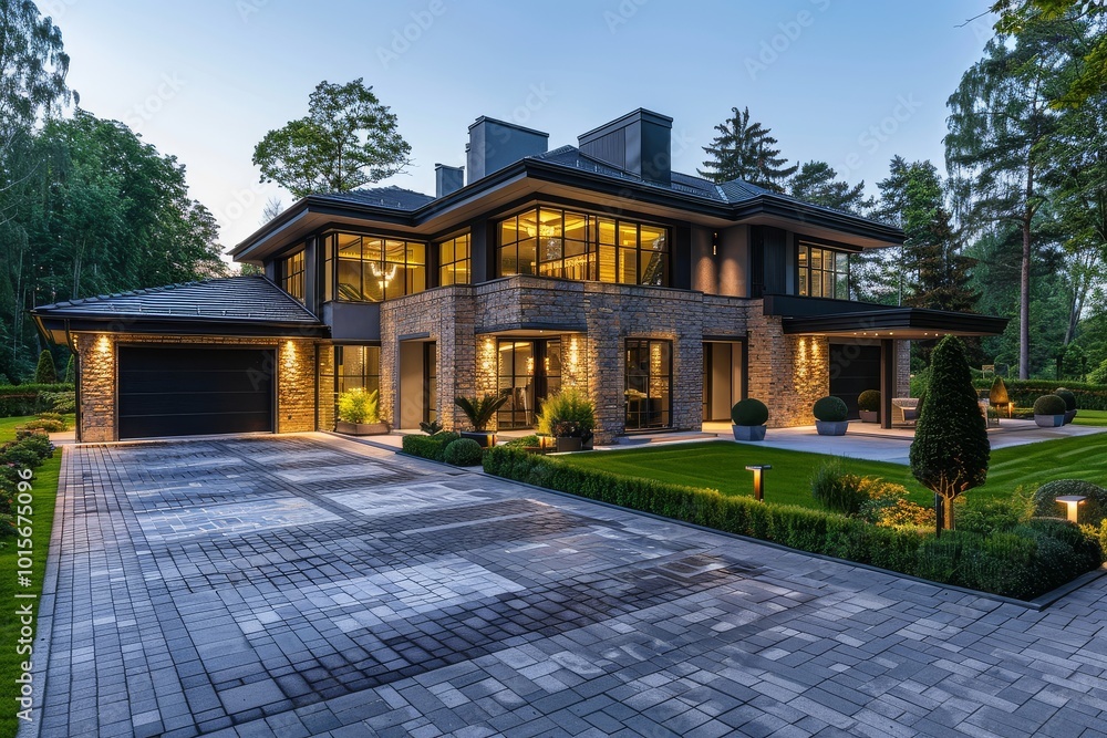 Modern luxury house in Warsaw, Poland, featuring a large driveway and herringbone patterned stone pavement during a summer evening. Modern luxury house in Warsaw, Poland, featuring a large driveway and herringbone patterned stone pavement during a summer evening.