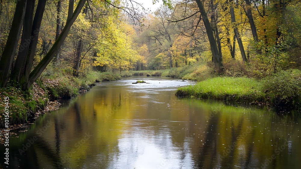 A calm river flowing through a forest with trees reflecting in the water A calm river flowing through a forest with trees reflecting in the water