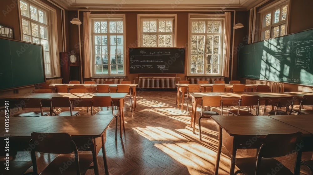 Bright and spacious classroom with wooden desks and sunlight filtering through windows. Bright and spacious classroom with wooden desks and sunlight filtering through windows.