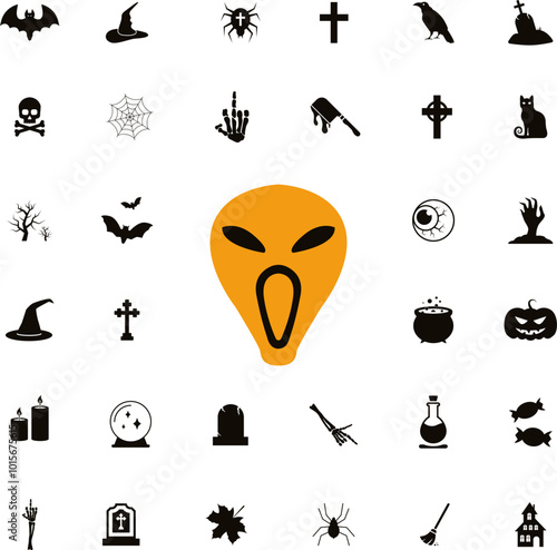 Horror and scary faces and other Halloween symbols silhouette icons set. Halloween pumpkin, emoji and tattoo ghost smile spooky jack evil mouth eyes scary - vector illustration.
