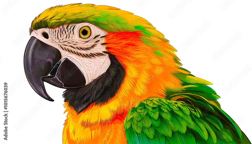 Fototapeta premium Vibrant Colorful Yellow Macaw With attractive Eyes Against a Clean White Canvas