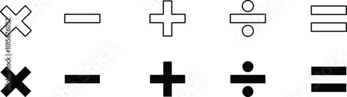 Math Symbols Icon Set. Mathematic Minus Plus Equal multiplication, division Vector Illustration. Addition, subtraction.