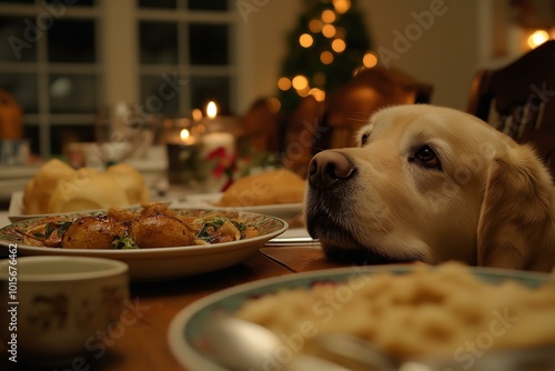 Dog at Christmas Dinner Table