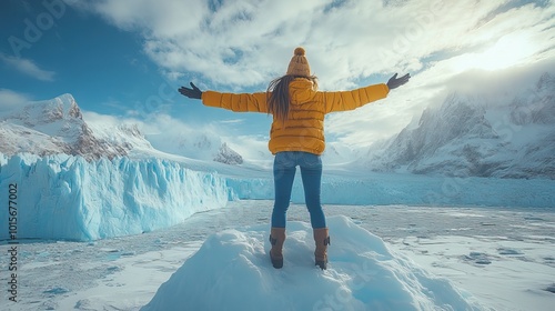 A woman poses atop the majestic ice formations of Perito Moreno Glacier in Argentina, surrounded by the glacier’s stunning natural beauty.