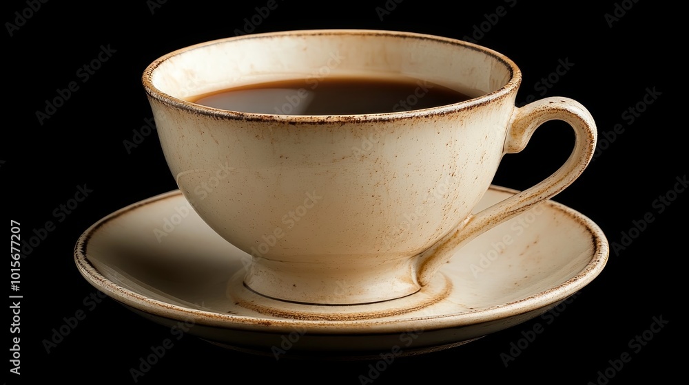 A cup of coffee with a saucer on a black background. A cup of coffee with a saucer on a black background.