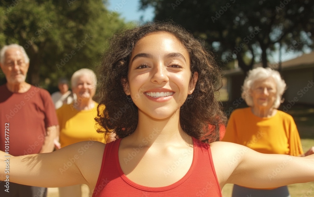 Young Hispanic Woman Leading Outdoor Yoga Session for Elderly Group in Bright Daytime Setting Young Hispanic Woman Leading Outdoor Yoga Session for Elderly Group in Bright Daytime Setting