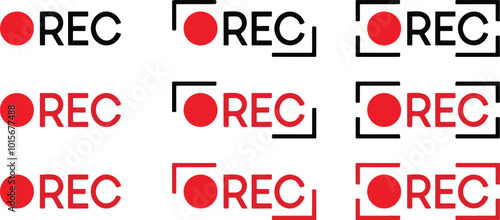 Recording sign icon set. Red logo camera video recording symbol collection, rec icon group