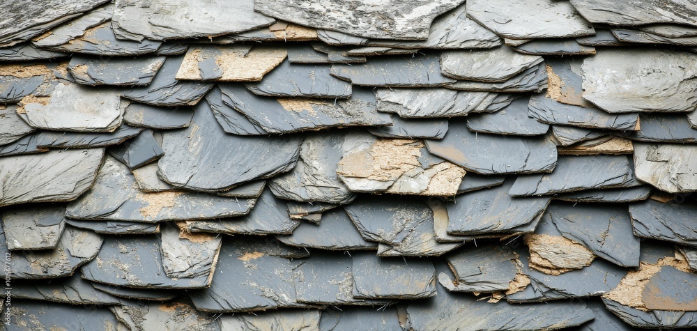Close-up of textured slate roof tiles showing natural colors and patterns. Close-up of textured slate roof tiles showing natural colors and patterns.