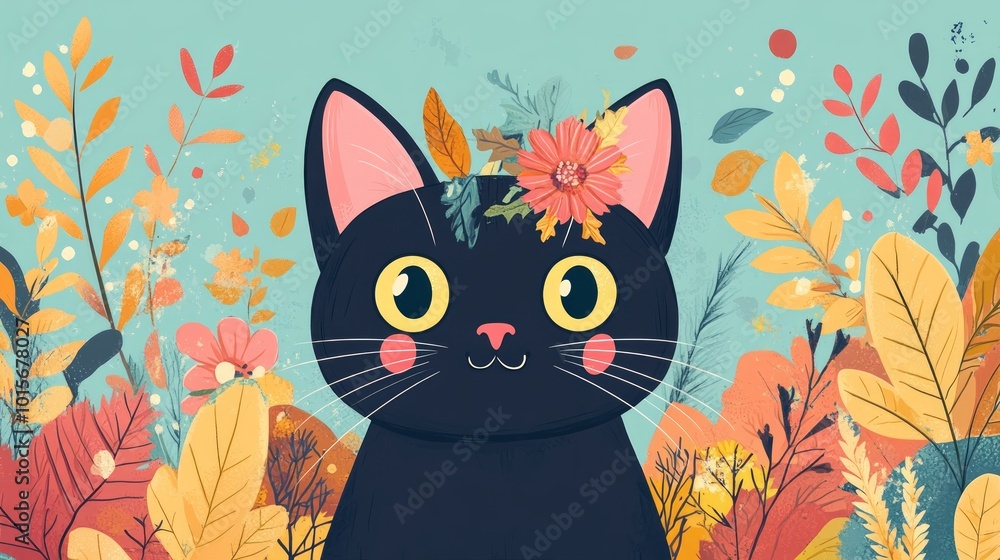 A cute black cat with big eyes and a flower crown, surrounded by autumn leaves and flowers. A cute black cat with big eyes and a flower crown, surrounded by autumn leaves and flowers.