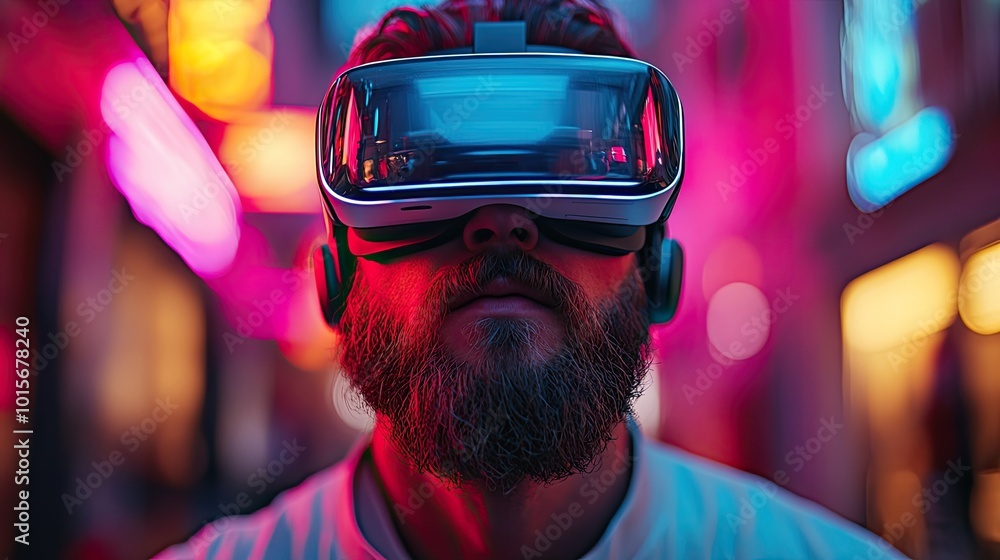 A young bearded man in VR glasses engages with augmented reality, representing future technology in a neon-lit setting. A young bearded man in VR glasses engages with augmented reality, representing future technology in a neon-lit setting.