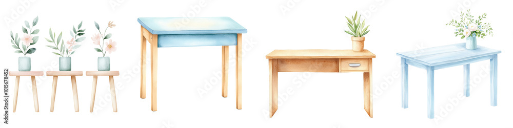 A collection of decorative tables featuring plants, showcasing various styles and colors on a black background.