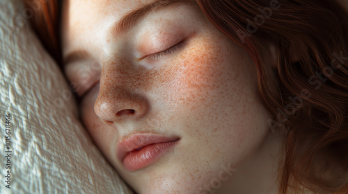 the image features a close-up of a woman with sleeping face and brown midium hair photo