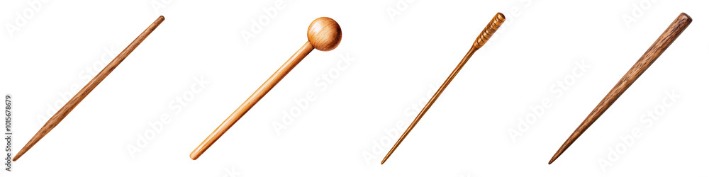 A collection of wooden tools arranged horizontally, showcasing different shapes and usages, against a dark background.