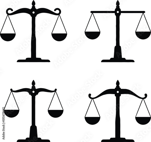 Weight Scale Icons set. Scales icon in flat style. Libra symbol collection, balance sign. Justice scales Vector