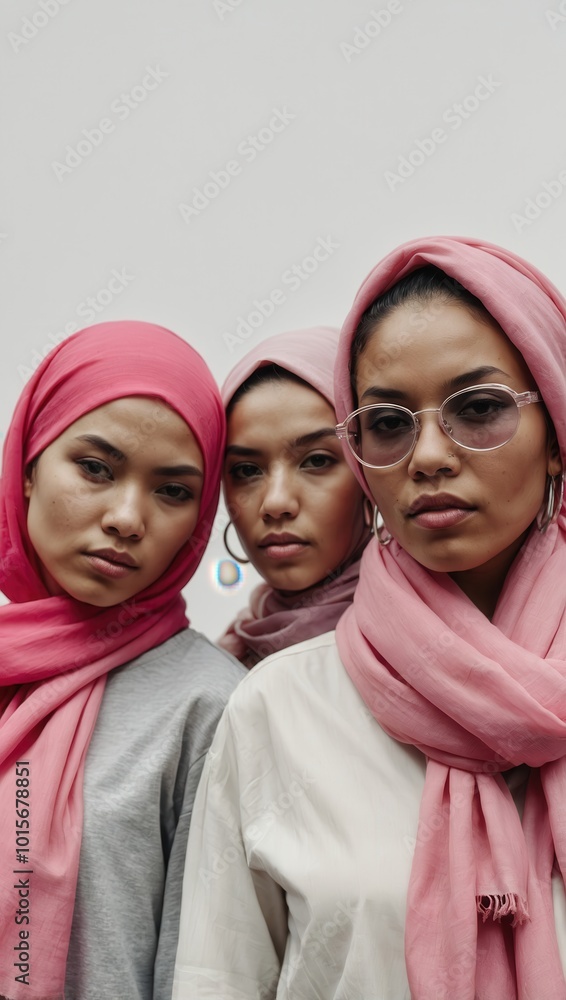 Portrait of three young women wearing pink hijabs and sunglasses Portrait of three young women wearing pink hijabs and sunglasses