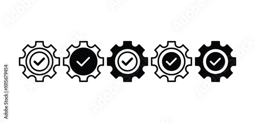 execution symbol check mark sign gear icon vector design black white color illustration isolated