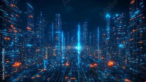 Wallpaper Mural A digital cityscape with glowing blue and orange lines and buildings, representing the advancement of technology and future cities. Torontodigital.ca