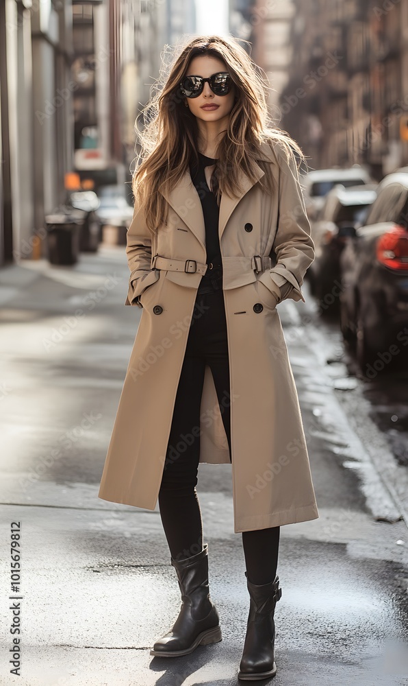 Fototapeta premium 35. A chic urban outfit with a stylish trench coat and ankle boots