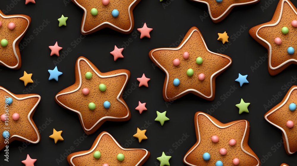 Gingerbread Star Cookies with Colorful Sprinkles on Black Background. Gingerbread Star Cookies with Colorful Sprinkles on Black Background.