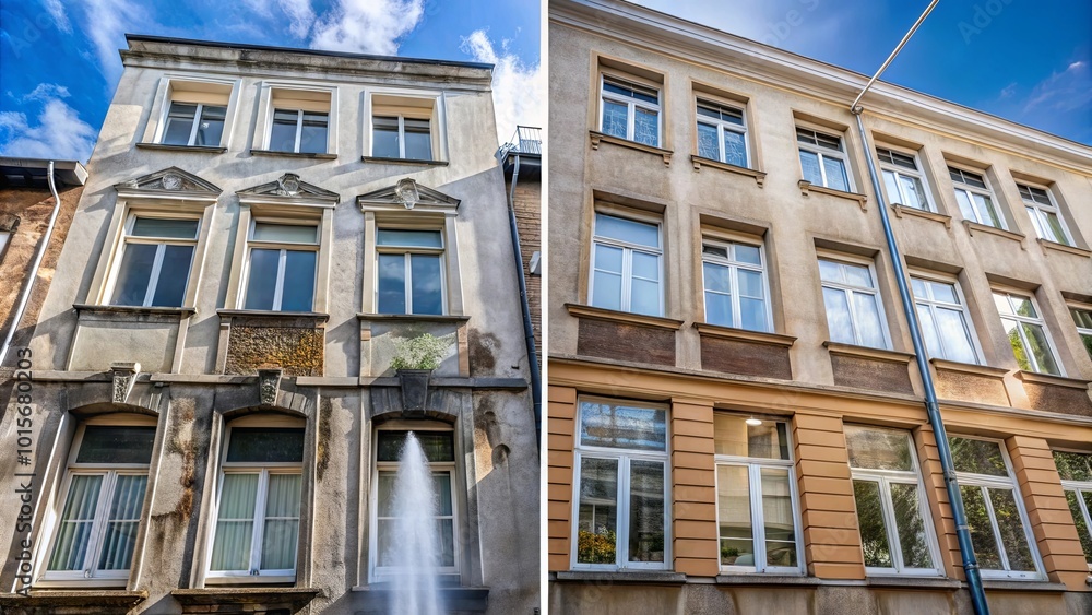 A Contrasting View of Two Buildings with Similar Architectural Details and Windows, One with a Water Feature Sprouting From a Window A Contrasting View of Two Buildings with Similar Architectural Details and Windows, One with a Water Feature Sprouting From a Window