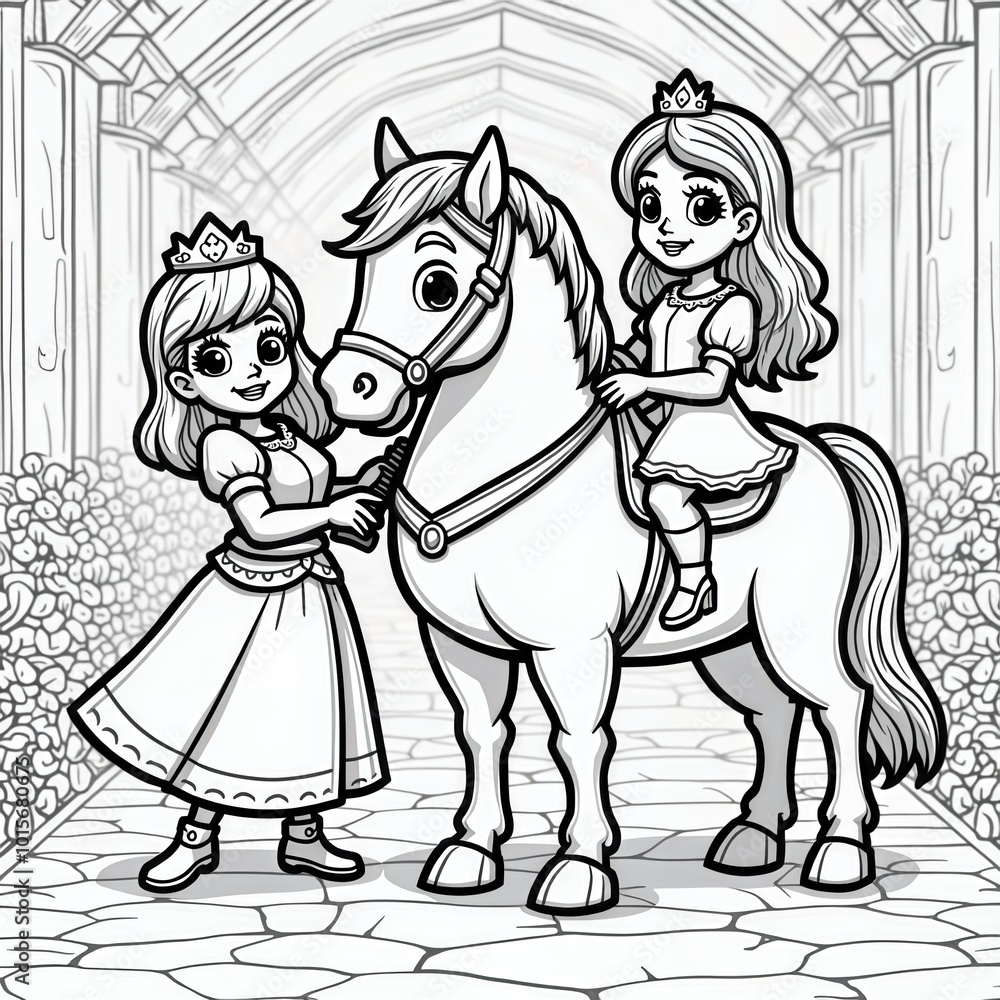 Fototapeta premium Princesses and Horse Coloring Page