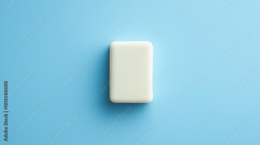 top down view, the image depicts a soap placed in the center of a a powder blue background top down view, the image depicts a soap placed in the center of a a powder blue background