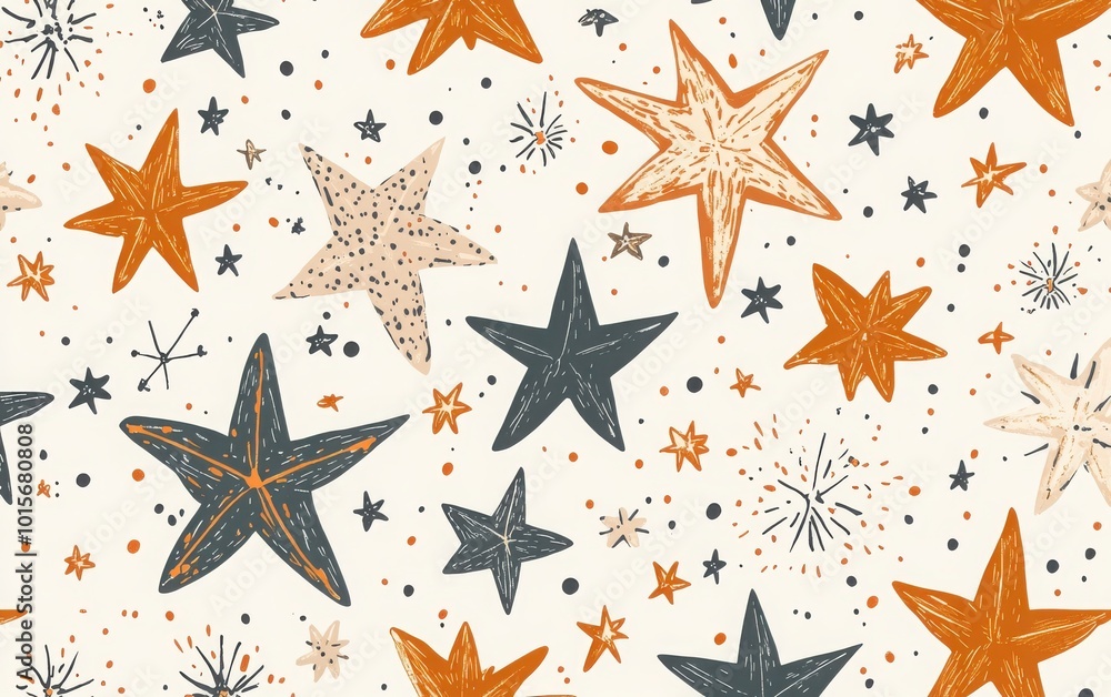Obraz premium A delightful hand-drawn seamless pattern with stars and starfall, reflecting a bohemian vibe. 