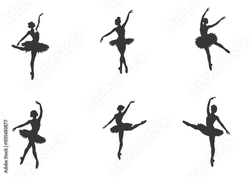 Ballerina performing dance in silhouette on white background.