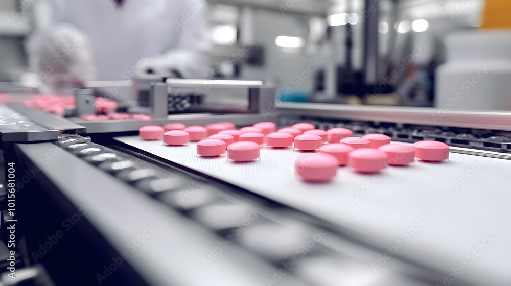 Pink Pills on a Conveyor Belt. Pink Pills on a Conveyor Belt.