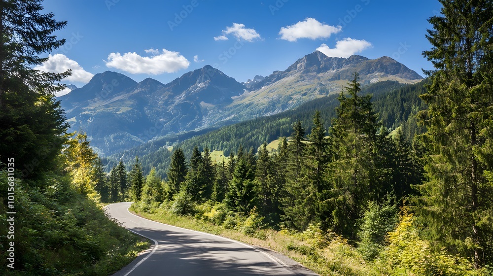 A scenic mountain road winding through the trees on a clear day A scenic mountain road winding through the trees on a clear day