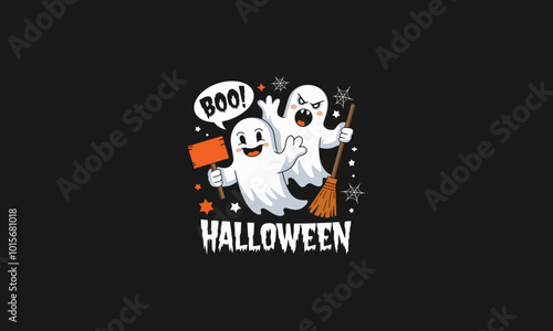 Two playful ghosts holding a sign and broom, saying Boo in a Halloween themed scene. photo