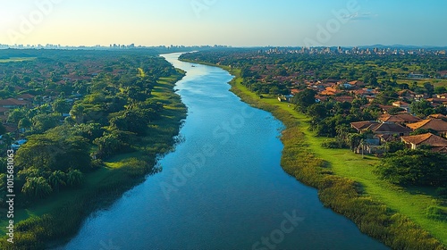 Acre River in Rio Branco, Brazil, winds through the city center, captured from above by a drone, symbolizing environmental and urban integration.