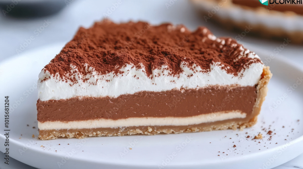 A slice of chocolate mousse pie with whipped cream and cocoa powder. A slice of chocolate mousse pie with whipped cream and cocoa powder.