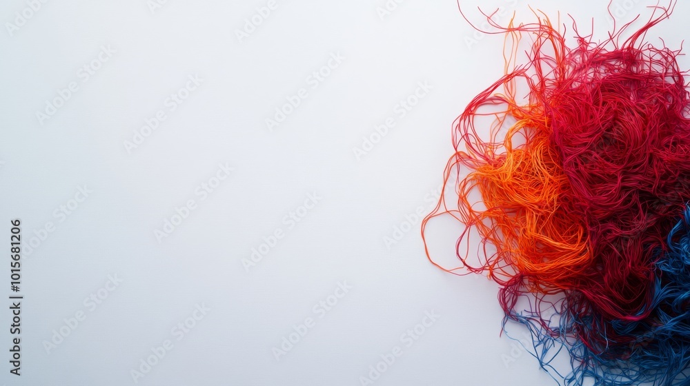 A high-angle view depicts a chaotic tangle of colorful wires and strings, each strand labeled with various mental health issues, emphasizing the complexities of the human mind A high-angle view depicts a chaotic tangle of colorful wires and strings, each strand labeled with various mental health issues, emphasizing the complexities of the human mind