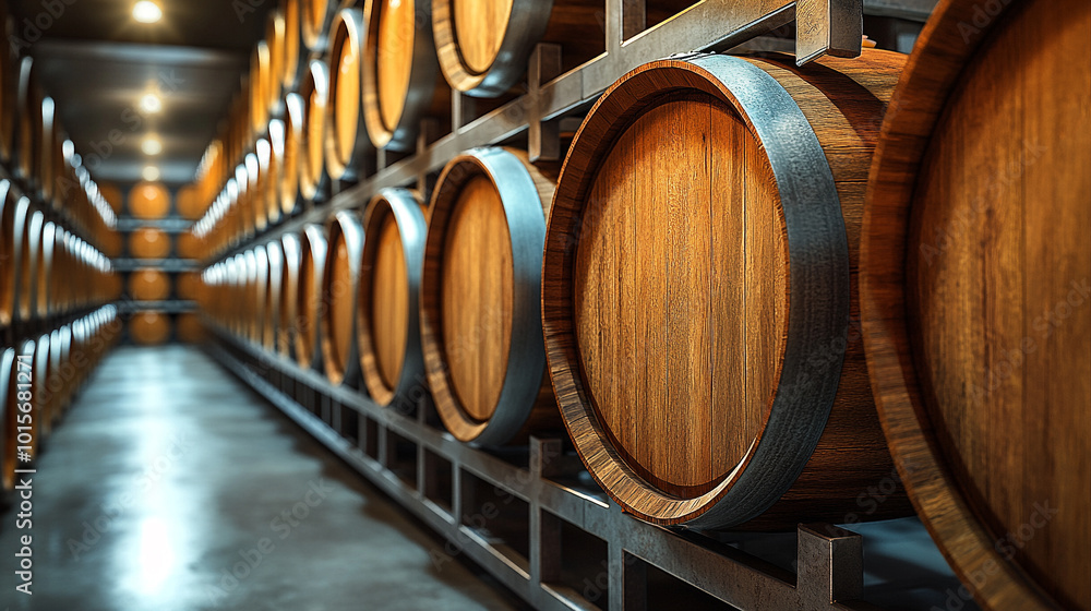 Close-up of oak barrels in winery. traditional wine aging process in barrel room. Close-up of oak barrels in winery. traditional wine aging process in barrel room.