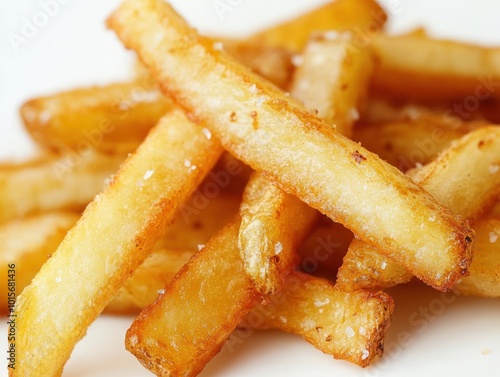 A close-up of freshly fried French fries, isolated on a plain white background, showcasing their crunchy texture photo