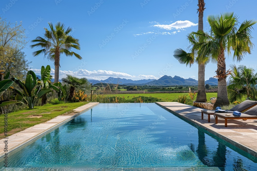 Obraz premium Picturesque poolside villa in Alcudia, Ibiza, with palm trees, grass, and panoramic countryside views, perfect for summer relaxation and outdoor sports.