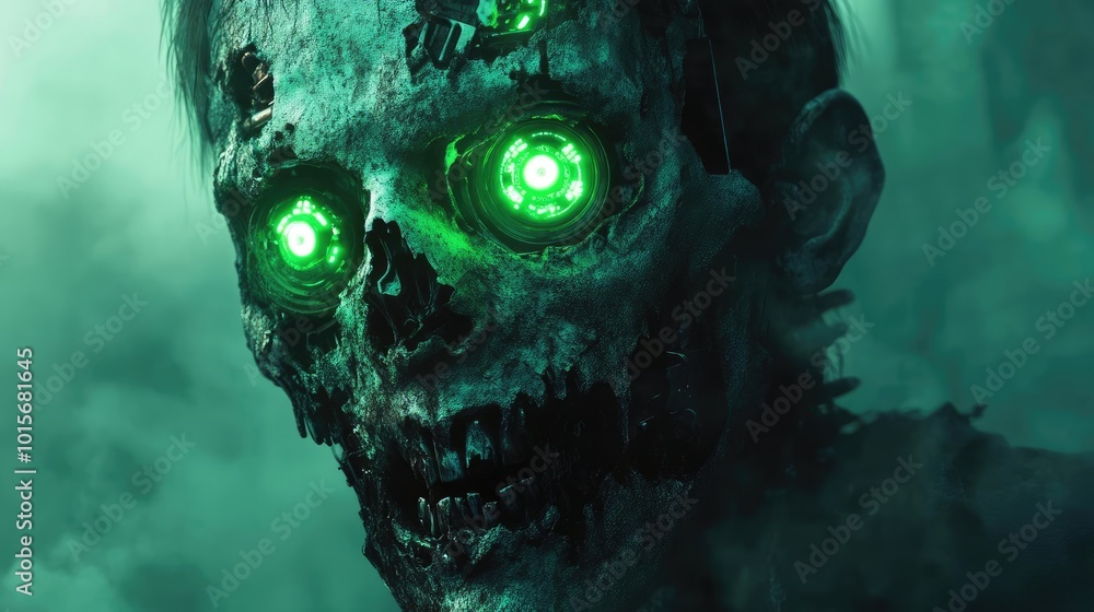 A hauntingly eerie zombie with glowing green eyes, set against a mysterious smoky background, perfect for horror themes. A hauntingly eerie zombie with glowing green eyes, set against a mysterious smoky background, perfect for horror themes.