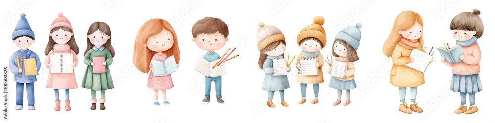 A whimsical illustration of children dressed in winter attire, each holding various items like books and toys, set against a dark background. A whimsical illustration of children dressed in winter attire, each holding various items like books and toys, set against a dark background.