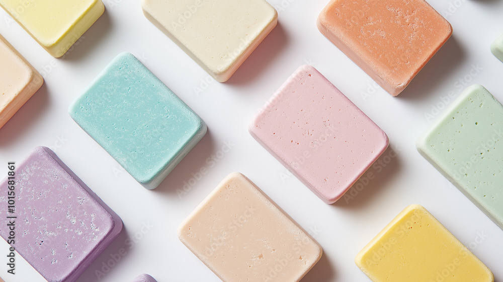 top down view, the image depicts colorful soaps placed on a white background top down view, the image depicts colorful soaps placed on a white background