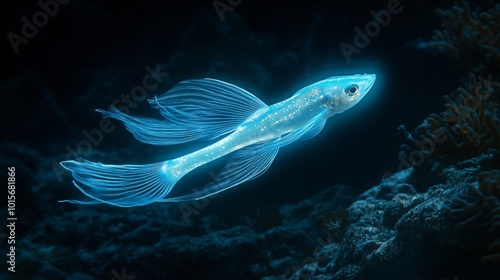 Pale Fish with Glowing Fins in Deep Water