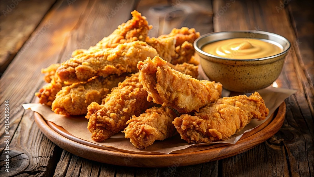 Crispy Fried Chicken Tenders Served with Creamy Dip on Rustic Wooden Background Crispy Fried Chicken Tenders Served with Creamy Dip on Rustic Wooden Background