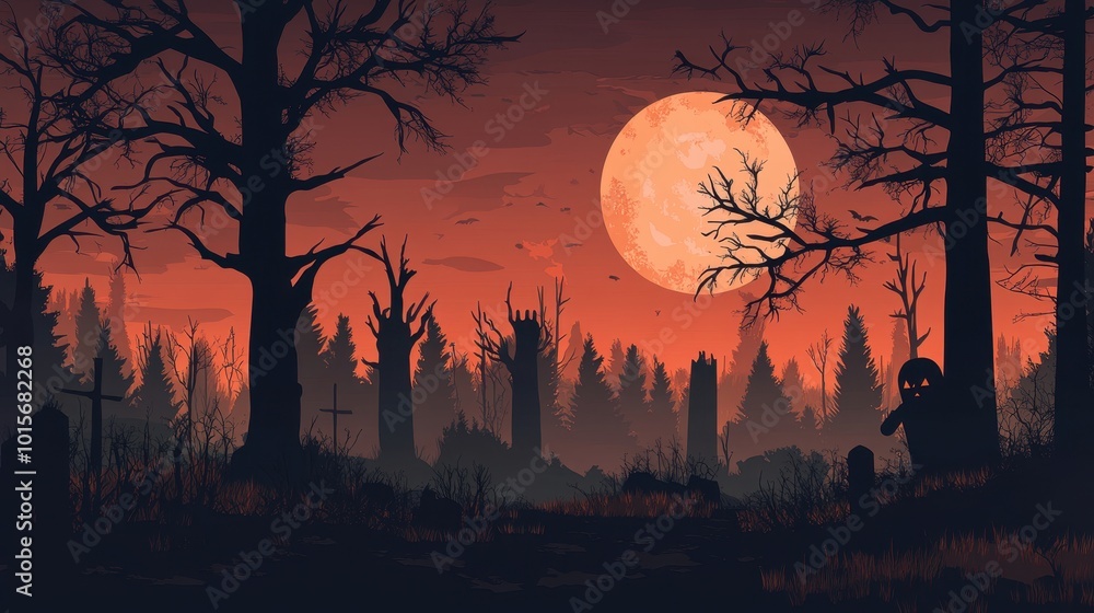 A Spooky Halloween Forest with a Full Moon and a Jack-o'-Lantern A Spooky Halloween Forest with a Full Moon and a Jack-o'-Lantern